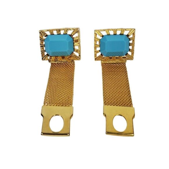 Vintage Teal Blue Square Faceted Gold Tone Glass Wrap Around Mesh Cuff Links - Picture 1 of 8